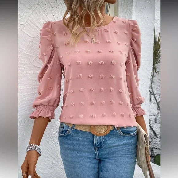 Boho dusty pink Swiss dot top - Picture 1 of 6